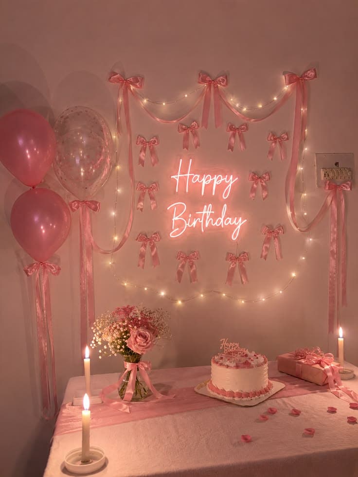 Pink birthday setup with a neon Happy Birthday sign, satin bows, balloons and a candlelit cake table