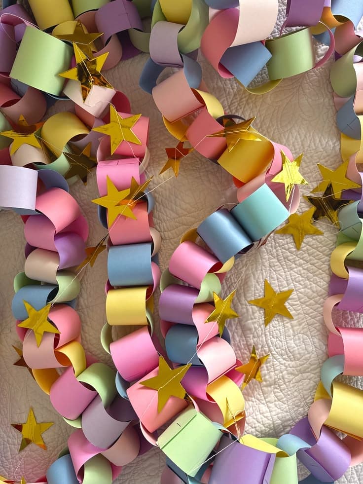 Daria's signature hand-cut pastel paper chains strung with gold stars